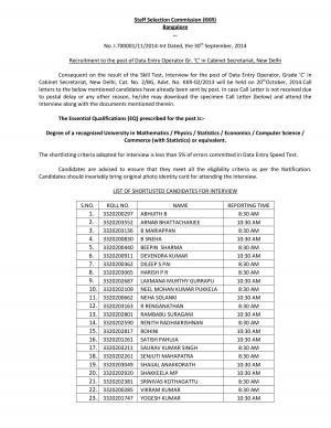 SSC-KKR,  Released Skill Test Results for DOE Grade ‘C’ in Cabinet Secretariat 2014