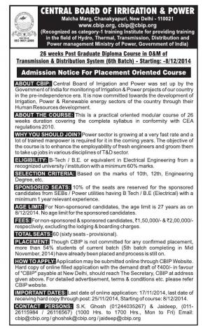 Central Board of Irrigation & Power Notified Admission to PGD Courses 2014