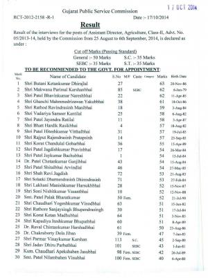 GPSC Declared Final Result of Assistant Director, Agriculature, Class II Posts 2014