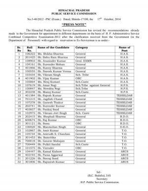 HPPSC Announced Revised Results for H. P. Administrative Service Combined Competitive Examination 2012