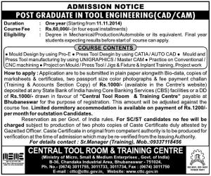 CTTC Notified Admission for Post Graduate in Tool Engineering (CAD/CAM) Course 2014