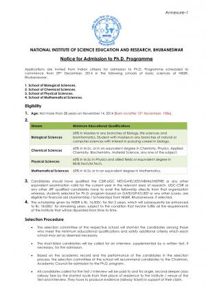 NISER, Bhubaneswar Notified Admission to Ph.D. Programme Courses 2014