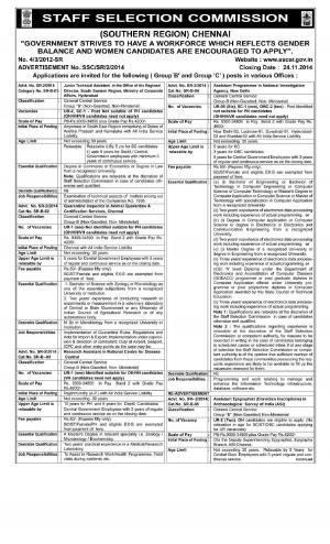 SSC-SR Notified Recruitment for Various “Group-B” and “Group-C” Posts 2014