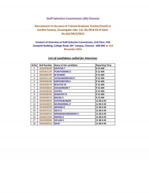 SSCSR Announced Interview Schedule for Trained Graduate Teacher (Tamil) Post 2014