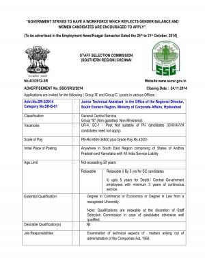 SSC Southern Region Notified Recruitment for 22 Various Posts 2014