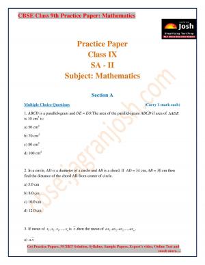 CBSE Class 9 Mathematics Practice Paper SA - II 2015