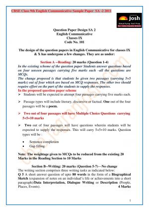 CBSE Class 9 English Communicative Sample Paper Term 2- 2011