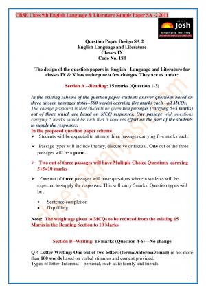 CBSE Class 9 English Language & Literature Sample Paper Term 2- 2011