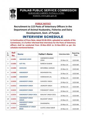 Punjab PSC Declared Interview Schedule for 115 Posts of Veterinary Officers