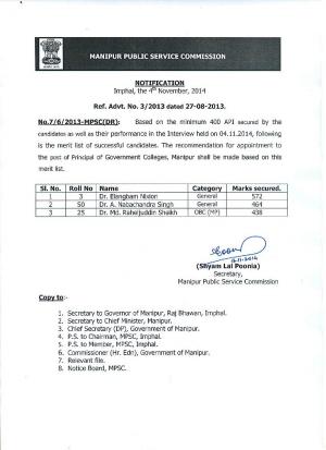 Manipur PSC Declared Final Result for Principal Post of Govt. Colleges