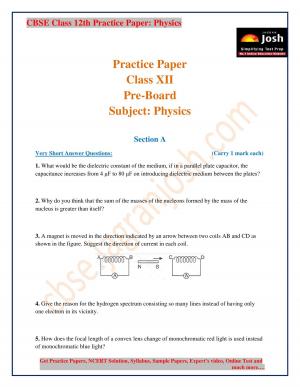 CBSE Class 12 Physics Practice Paper Pre-Board