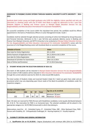 Syndicate Bank Notified admission to PGD (B&F) Program 2014-15