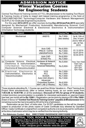 CTTC Notified Admission for Winter Vacation Courses for Engineering Students 2014-15