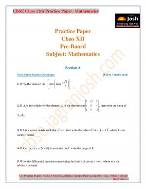 CBSE Class 12 Mathematics Practice Paper Pre-Board