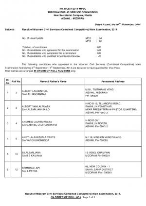 Mizoram Civil Services Main Examination 2014: Results