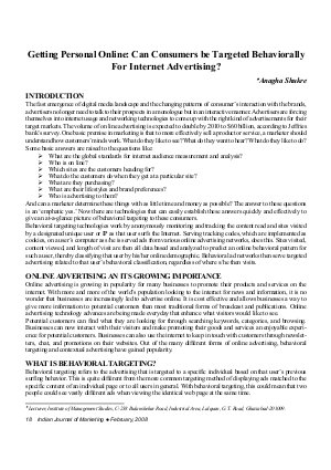 IJM-Feb08-Article3-Getting Personal Online :Can Consumers Be Targeted Behvaiorally For Internet Advertising?
