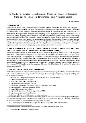 IJM-Feb08-Article7-A Study in Vendor Development Micro & Small Enterprises Supplies to PSUs in Hyderabad and Visakhapatnam