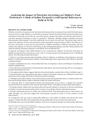 IJM-June08-article6-Analyzing the Impact of Television Advertising on Children's Food Preferences: A Study of Indian Perspective (with Special Reference to Delhi & NCR)