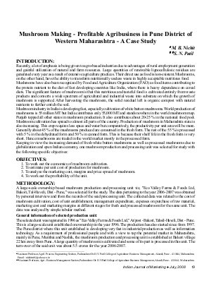 IJM-July08-Article4-Mushroom Making- Profitable Agribusiness in Pune District of Western Maharashtra - A Case Study