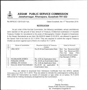 Assam PSC, reconsiders the rejected list of candidates of Stenographer Grade-I post for Speed Test