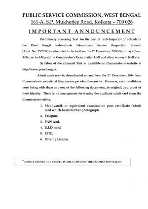 West Bengal PSC Announced Screening Test Schedule for Sub-Inspector Posts 2014