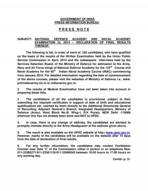 UPSC NDA and NAE (I) 2014: Final Results Declared