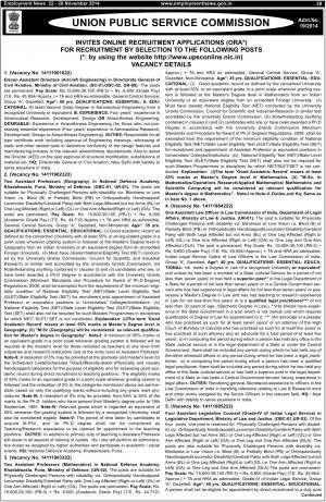 UPSC Notified Recruitment for 21 Various Posts 2014