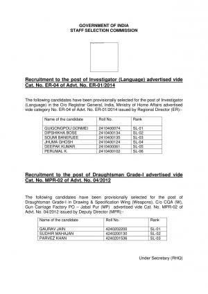 SSC Notified Selection List for Various Posts 2014