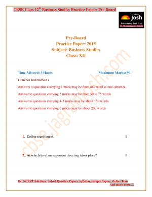 CBSE class 12th practice paper Business Studies pre board-2015