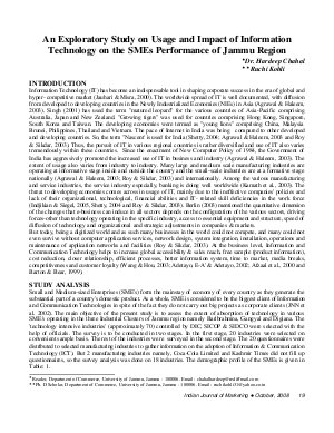 IJM-Oct08-Article3-An Exploratory Study on Usage and Impact of Information Technology on the SMEs Performance of Jammu Region