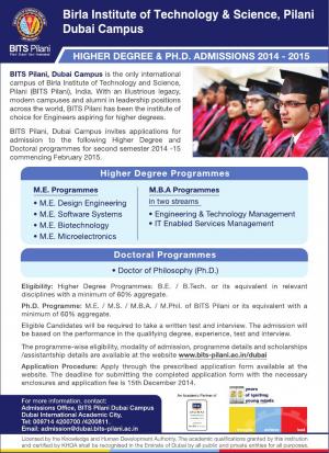 BITS, Pilani Dubai Campus Notified Admission to Higher Degree Programmes 2014-2015