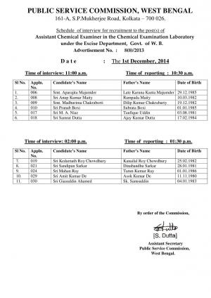 WBPSC announced Interview Schedule for the Post of Assistant Chemical Examiner