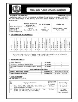 TNPSC Notified Recruitment for 117 Child Development Project Officer Posts 2014