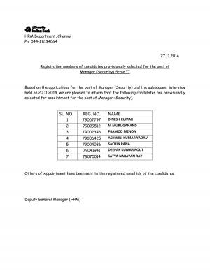 Indian Bank, Chennai Announced Final Result for Manager (Security) Scale - II Post 2014