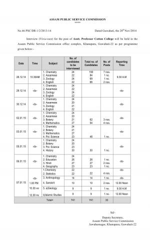 APSC Announced Interview Schedule for Assistant Professor Post 2014