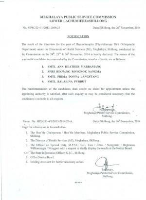MPSC, Shillong Announced Final Result for Physiotherapist Posts 2014