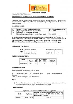 Syndicate Bank Notified Recruitment for the Post of Manager (Security) 2014-15