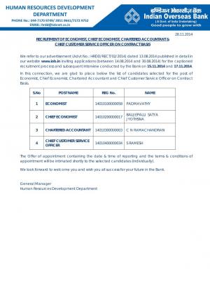 Indian Overseas Bank Declared Final Results for Economist, CA & CCSO Posts 2014 