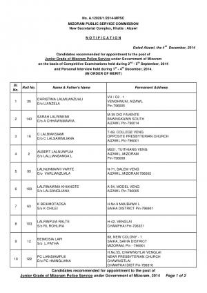 MPSC Issued list of selected candidates for Junior Grade of Mizoram Police 2014
