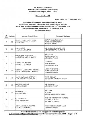 MPSC Issued list of selected candidates for Junior Grade of Mizoram Civil Service 2014