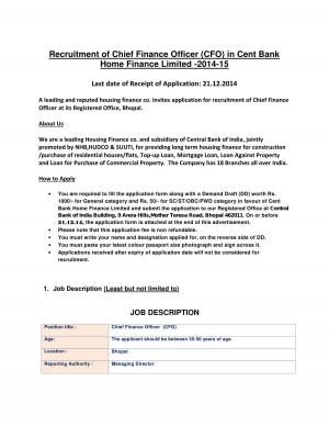 Central Bank of India Notified Recruitment for the Post of CFO 2014