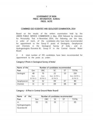 UPSC announced Final Result of Combined Geo-Scientists & Geologist Examination 2014