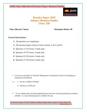 CBSE Class 12th Business Studies Solved Practice Paper 2015