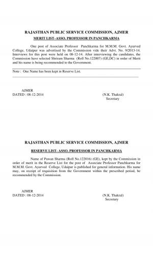 Rajasthan PSC, Ajmer Declared Final Results for Associate Professor Panchkarma Posts 2014 