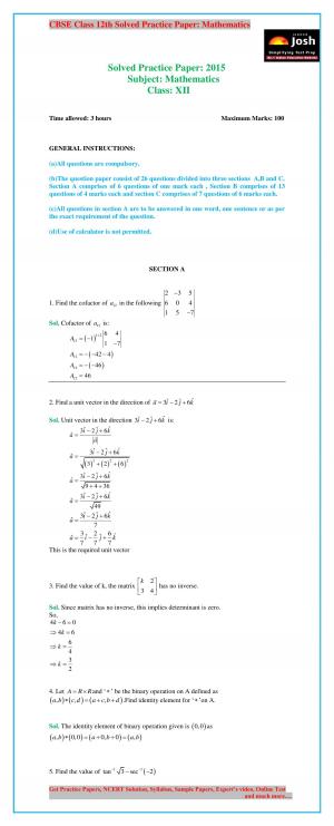 CBSE Class 12th mathematics Solved Practice Paper 2015