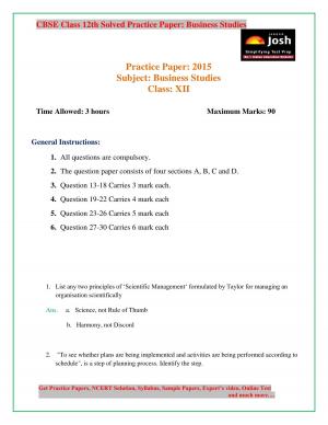 CBSE Class 12th Business Studies Solved Practice Paper 2015