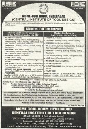 CITD, MSME-Tool Room, Hyderabad Notified Admission to Master Certificate Programs 2014