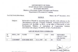 SSCER Declared Interview Results for the post of Sr. Technical Assistant Post 2014-15