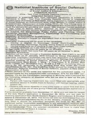 National Institute of Social Defence Notified Admission for PG Diploma Course 2014-15