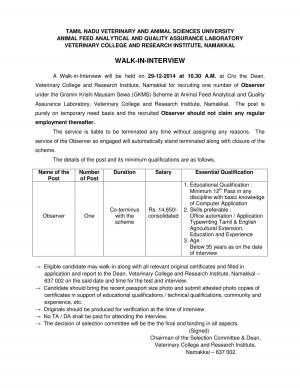 TANUVAS Notified Walk-in Interview for 03 Observer Post 2014-15